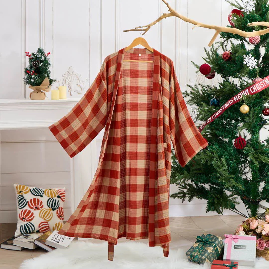Top-Quality Ownkoti Classic Plaid Cotton Gauze Kimono Robe Exclusive