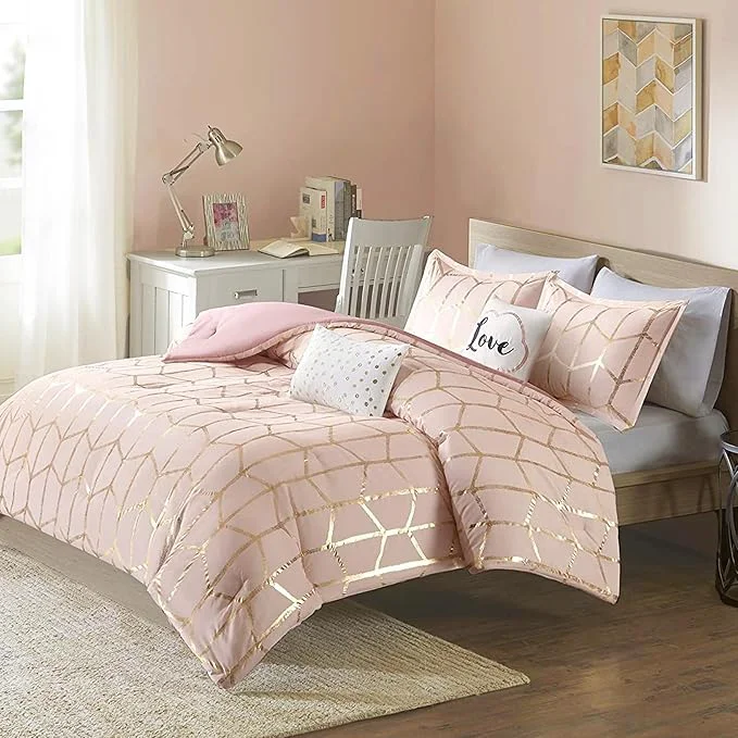 High-Quality Intelligent Design Raina Comforter Microfiber Metallic Print Geometric Design Embroidered Toss Pillow Modern Trendy Casual All Season Bedding Set Matching Sham Full Queen Blush Gold 5 Piece Refined