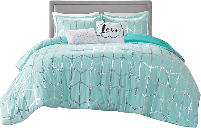 Fine Intelligent Design Raina King Cal King Comforter Set Soft Microfiber Comforter Set King Modern Geometric Metallic Bed Set 5 Pieces College Bedding Comforter Set with 2 Shams 2 Toss Pillows Aqua Lightweight