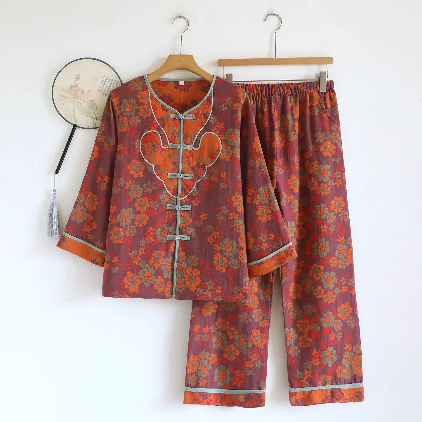 Top-Quality Ownkoti Oriental Style Floral Cotton Pajama Set Soft