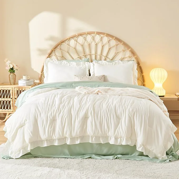 Easy-to-Use Litanika King Comforter Set Ivory 3 Pieces Ruffle Farmhouse Aesthetic Bedding Comforter Set Lightweight Fluffy Microfiber Bed Set 104x90In Comforter 2 Pillowcases Modern