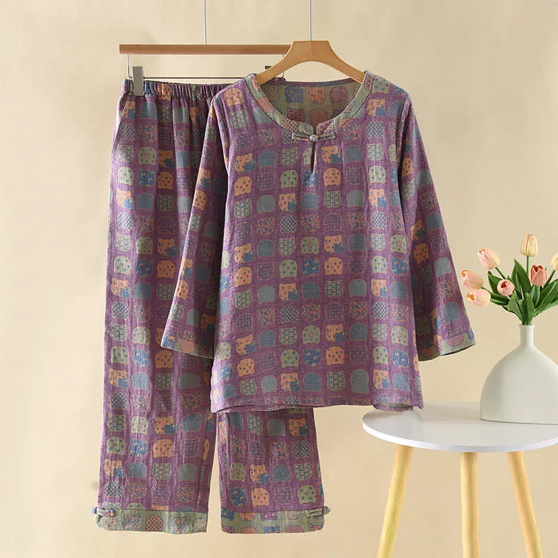 Detailed Ownkoti Vintage Cotton Cat Long Sleeve Pajamas Easy-to-Use
