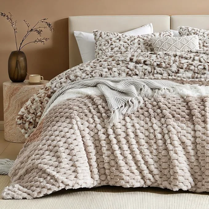 Lightweight Petrichor Fluffy King Comforter Set – Taupe and White Striped Faux Fur Blanket for King Bed Ultra-Soft Warm Bedding for Winter amp Fall Cozy 3 Piece Bed Set 1 Comforter amp 2 Pillowcases High-Quality