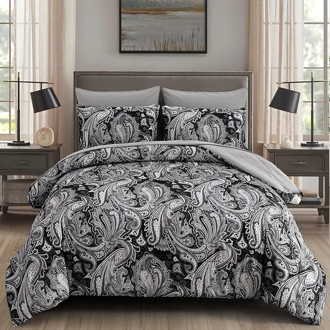 Original Design DJY Black Paisley Comforter Set Queen Size 7 Piece Bed in a Bag Black Gray Boho Paisley Pattern Comforter Set Soft Lightweight Microfiber Reversible Bedding Set for All Season 90 39 39 x90 39 39 Enhanced