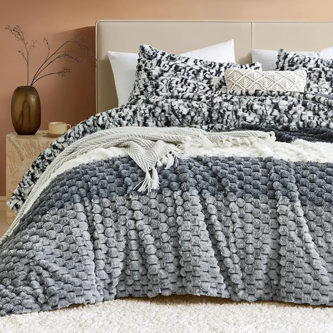High-Grade Petrichor Fluffy King Comforter Set – Black and White Striped Faux Fur Blanket for King Bed Ultra-Soft Warm Bedding for Winter amp Fall Cozy 3 Piece Bed Set 1 Comforter amp 2 Pillowcases Exclusive