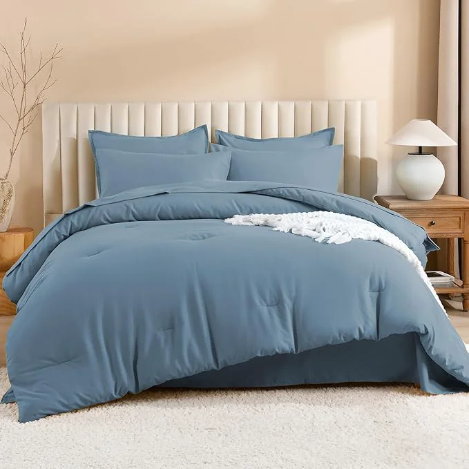Sustainable Litanika Comforter California King Size Set Grayish Blue – 7 Pieces Bed in a Bag California King Bedding Comforter Sets Plain Lightweight Bed Set with Comforter Sheets Pillowcases amp Shams Recyclable