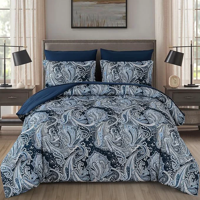 Consistent DJY Navy Paisley Comforter Set Full Size 7 Piece Bed in a Bag Boho Paisley Pattern Comforter Set Soft Lightweight Microfiber Blue Reversible Bedding Set for All Season Responsible