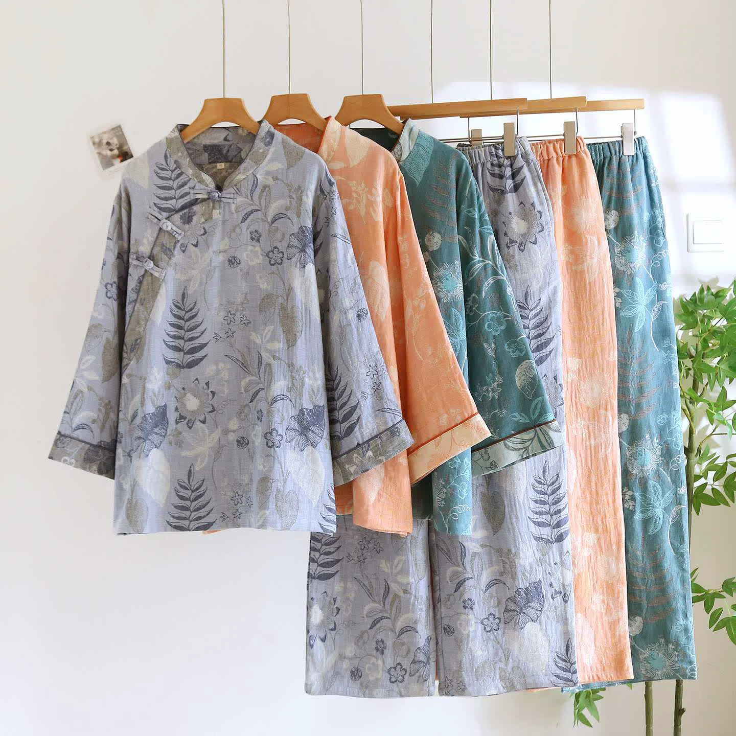 Sophisticated Ownkoti Oriental-Inspired Floral Cotton Gauze Pajama Set Contemporary