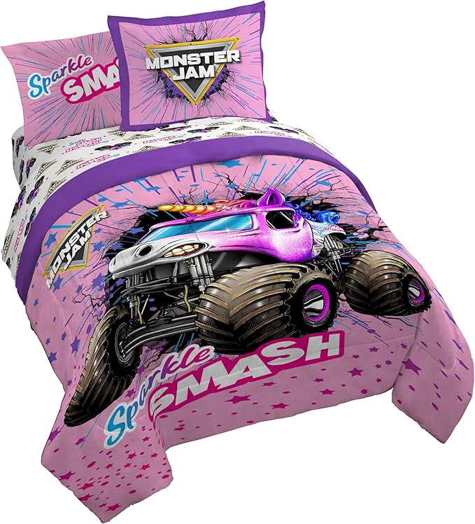 Safe Jay Franco Kids Comforter Set Includes Sheets and Pillow Covers – Soft and Cozy Bed Set for Stylish Room Decor Pink – Monster Jam 7 Piece Queen Bedding Certified