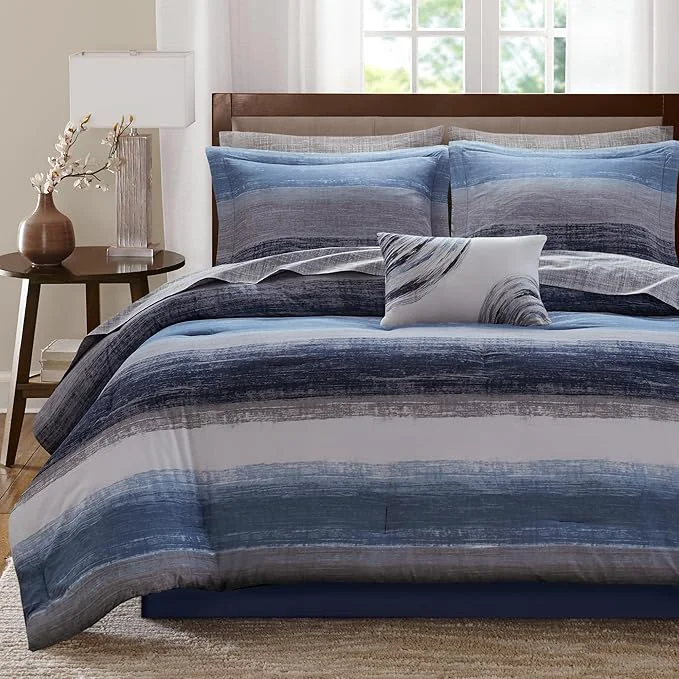 Clean Madison Park Essentials Cal King Comforter Set Bed in a Bag Watercolor Print Coastal Comforter amp Chambray Cotton Sheet Set All Season Bedding Saben Navy Cal King 104 in x 92 in 9Piece Flexible