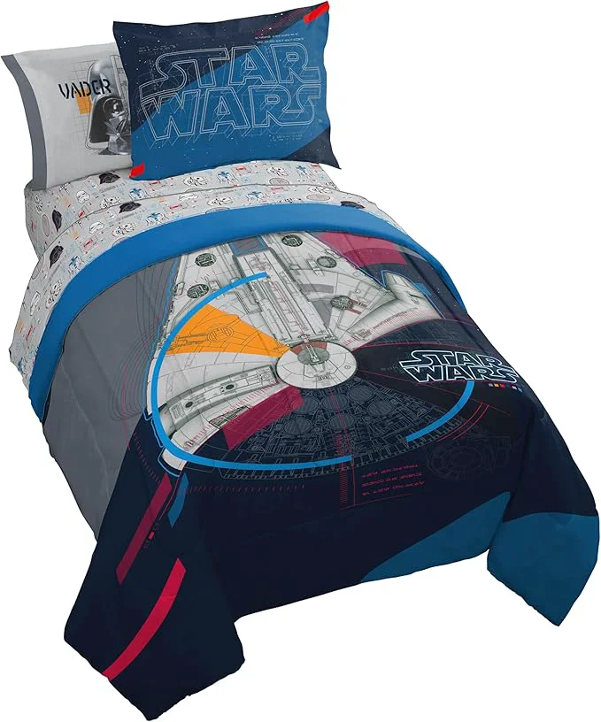 Premium Material Jay Franco Kids Comforter Set Includes Sheets and Pillow Covers – Soft and Cozy Bed Set for Stylish Room Decor Dark Blue – Star Wars 5 Piece Twin Bedding Modern
