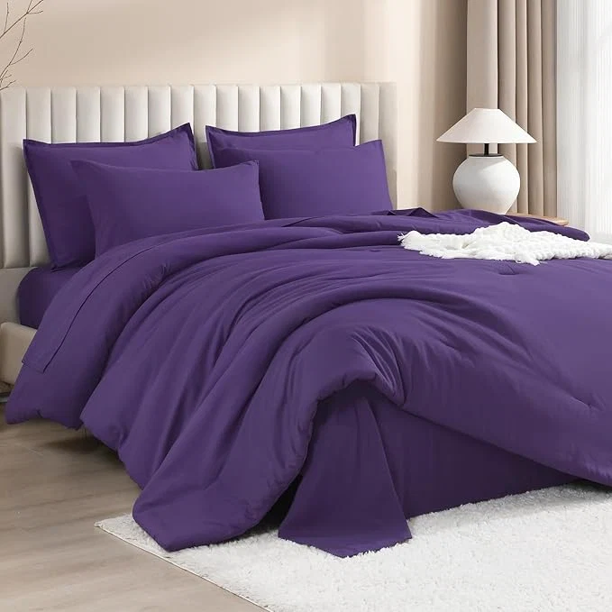 Smart Litanika Comforter California King Size Set Purple – 7 Pieces Bed in a Bag California King Bedding Comforter Sets Plain Lightweight Bed Set with Comforter Sheets Pillowcases amp Shams Recyclable