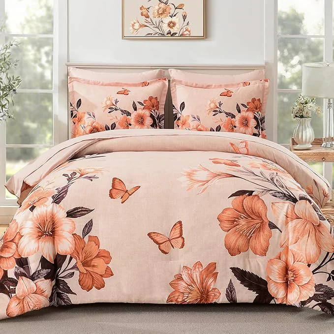 Expertly Made Floral King Size Comforter Set 7 Piece Orange Bed in a Bag Elegant Flower Pattern Comforter Set with Sheet Soft Microfiber Complete Bedding Sets for All Season Functional