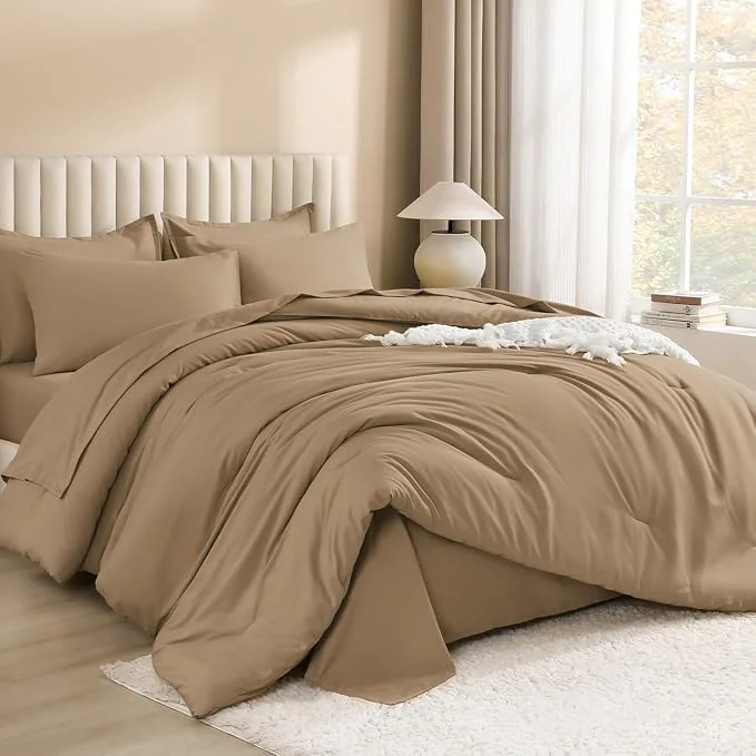 Top-Quality Litanika Oversized King Comforter Sets Taupe – 7 Pieces Bed in a Bag Oversized King Bedding Comforter Sets Solid Lightweight Bed Set with Comforter Sheets Pillowcases amp Shams Prestigious