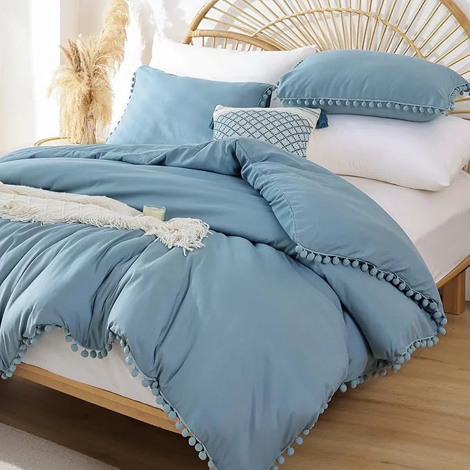 Refined YIRDDEO Full Size Comforter Sets – Full Size Comforter with Ball Pom Fringe Soft Bedding Set for All Seasons – 3 Pieces 1 Comforter 79 quot x90 quot amp 2 Pillow Shams 20 quot x26 quot Dusty Blue Luxury