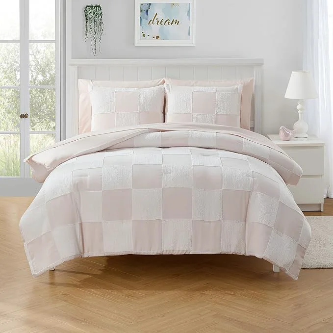 Clean Kids Comforter Set Bedding Set Bed in a Bag for Boys and Girls Toddlers Printed Sheet Set and Comforter Full Chenille Checkered Blush Pink Solid