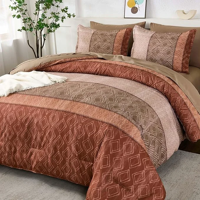 Detailed Dinjoy Boho Queen Comforter Set Red Brown 7 Piece Bed in a Bag Queen Size Warm Striped Bedding Sets with Plaid Fall Comforters Bed Set with Sheets for Family All Season Professional