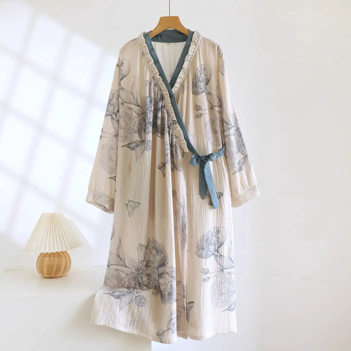 Environmentally Friendly Ownkoti Oriental Butterfly Floral Cotton Gauze Nightdress Fine Crafted