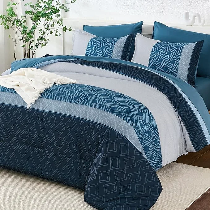 Traditional Dinjoy Queen Comforter Set Navy Blue 7 Piece Boho Bed in a Bag Queen Size Striped Fall Bedding Sets Comforters with Plaid Bed Set with Sheets for Women Men Advanced