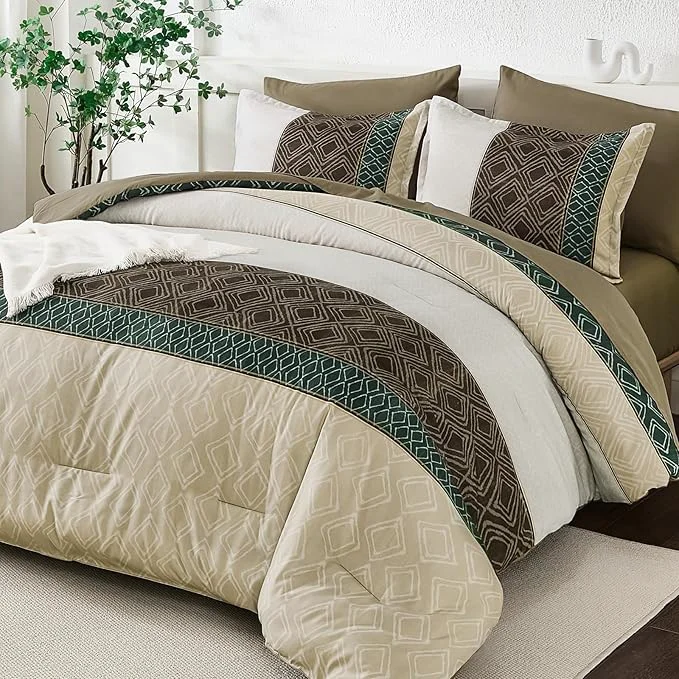 Premium Material Dinjoy Queen Comforter Set Khaki Boho 7 Piece Bed in a Bag Queen Size Warm Striped Bedding Sets Comforters with Plaid Light Brown Bed Set with Sheets for Women Fall Winter Solid