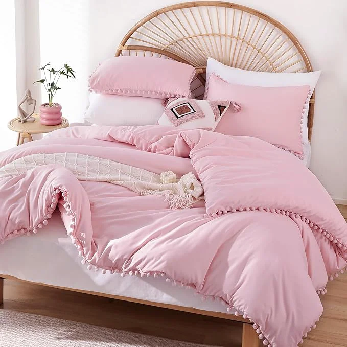 Specialty YIRDDEO Dust Pink Full Size Ball Pom Fringe Design Comforter Set 3pcs Boho Aesthetic Luxurious Microfiber Comforter Set Artisan