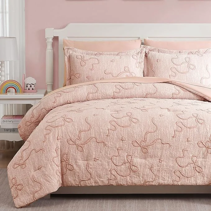 Efficient Geniospin Orange Pink Twin Comforter Set for Girls- 5 Pieces Bowknot Jacquard Bed in A Bag Twin Bedding Sets with Sheets Pillowcases amp Shams All Season Kids Comforter Set Refined