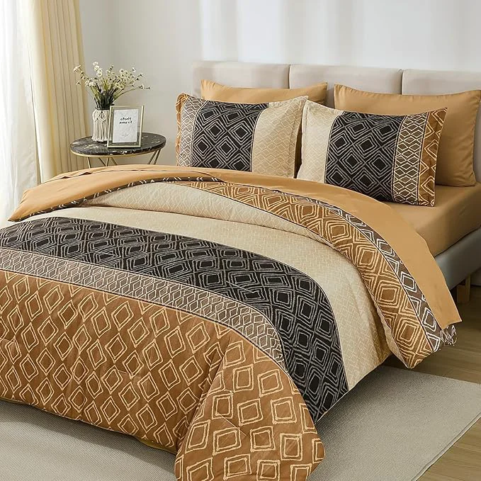 Original Dinjoy Boho Queen Comforter Set Brown 7 Piece Bed in a Bag Queen Size Warm Fall Bedding Sets Striped Comforters Bed Set with Sheets for Family All Season Premium Material