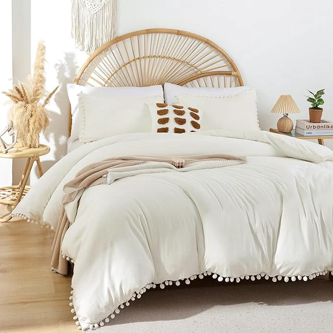 Secure YIRDDEO Ivory Queen Ball Pom Fringe Comforter Set 3pcs Boho Off White Aesthetic Luxurious Queen Bedding Set 3 Pieces Vintage Ultra Soft Microfiber Comforter Set Superior