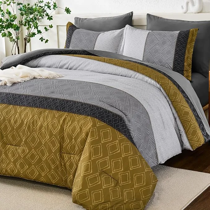 Optimized Dinjoy Boho Queen Comforter Set Gray Yellow 7 Piece Bed in a Bag Queen Size Warm Striped Mustard Grey Bedding Sets Plaid Fall Comforters Set with Sheets for Family All Season Enhanced