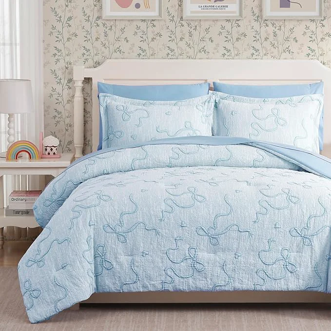 Natural Geniospin Light Blue Queen Comforter Set for Girls- 7 Pieces Bowknot Jacquard Bed in A Bag Queen Bedding Sets with Sheets Pillowcases amp Shams All Season Kids Comforter Set Verified