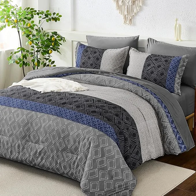 Crafted Dinjoy Boho Queen Comforter Set Blue Gray 7 Piece Bed in a Bag Queen Size Warm Striped Fall Bedding Sets with Plaid Comforters with Sheets for Family All Season Trusted