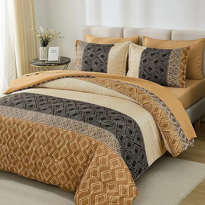 Reusable Dinjoy Full Size Comforter Sets Boho Brown Striped Fall Bedding Set Soft 7 Piece Bed in a Bag Fall Comforters with Sheet Set Microfiber Complete Sets with Plaid Bohemian for All Season Lightweight
