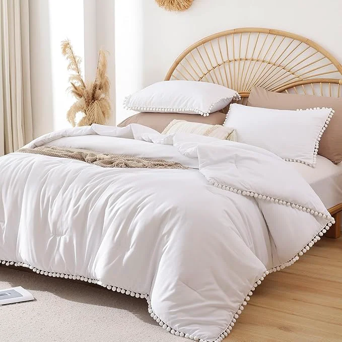 Safe YIRDDEO King Size Comforter Set – King Size Comforter with Ball Pom Fringe Soft King Bedding Set for All Seasons – 3 Pieces 1 Comforter 104 quot x90 quot inches amp 2 Pillow Shams 20 quot x36 quot White Lightweight