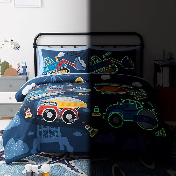 Superior Full Kids Comforter Set – 7 Pieces Full Bedding Sets for Boys Teen Glow in The Dark Truck Tractor Excavator Bed in A Bag with Sheets Prestigious