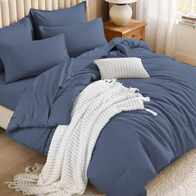 Elegant Litanika Queen Comforter Set Bluish Grey – 7 Pieces Bed in a Bag Queen Bedding Comforter Sets Solid Lightweight Bed Set with Comforter Sheets Pillowcases amp Shams Proven