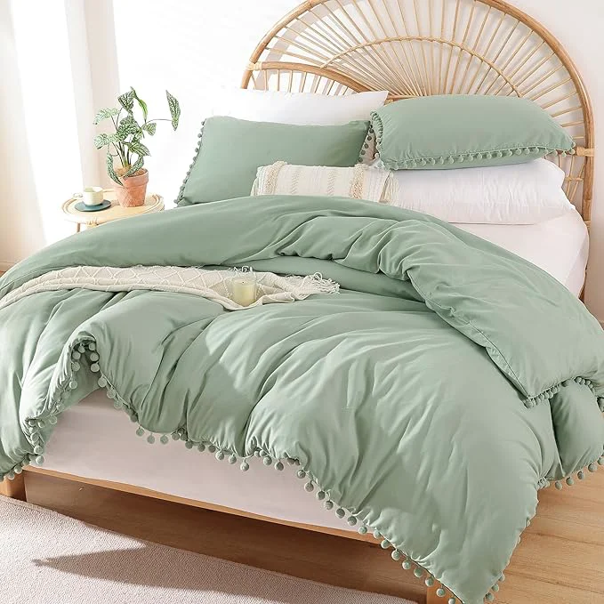 Advanced YIRDDEO Queen Comforter Set – Comforter Queen Size Sets with Ball Pom Fringe Soft Bedding Set for All Seasons – 3 Pieces 1 Comforter 90 quot x90 quot amp 2 Pillow Shams 20 quot x26 quot Sage Green Environmentally Friendly