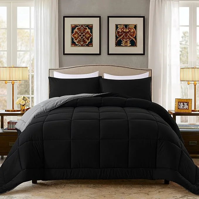 Safe DOWNCOOL Full Size Comforter Sets -All Season Bedding Comforters Sets with 2 Pillow Cases -3 Pieces Bed Set Down Comforter Set -Black Grey Bedding Sets Full 82 quot x86 quot Reusable