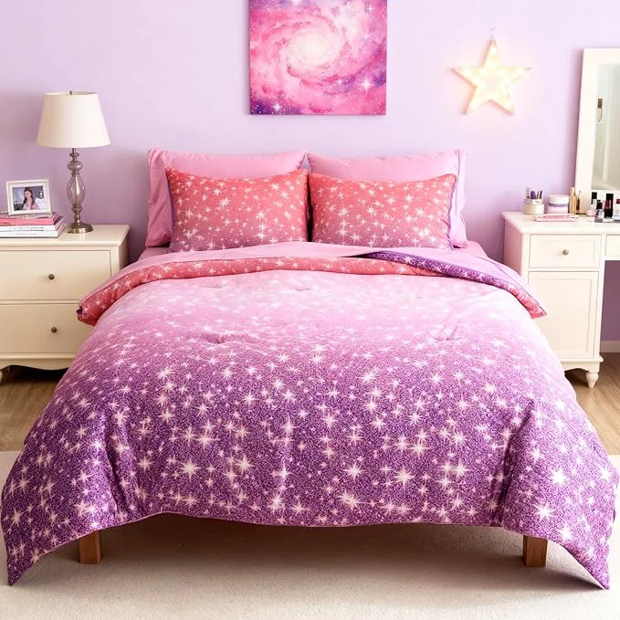 Healthy Full Comforter Set for Girls Kids – 7 Pieces Purple Galaxy Full Size Bedding Sets for Kids Soft Cozy Bed in A Bag with Sheets Trendy
