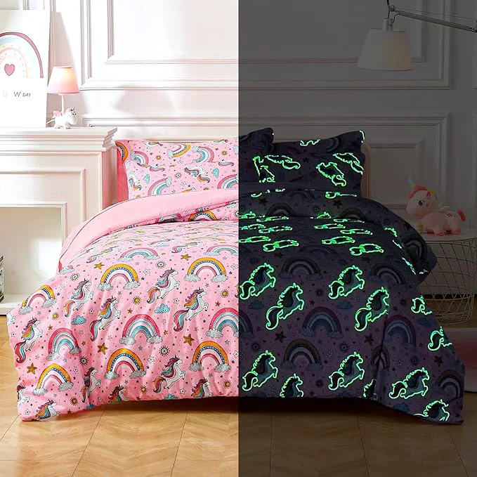 Healthy Glow in The Dark Kids Comforter Set 5 Pieces Pink Unicorn Bedding Set Twin Size for Boys Girls Teen 1 Comforter 1 Pillowcase 1 Pillow Sham 1 Flat Sheet 1 Fitted Sheet Clean