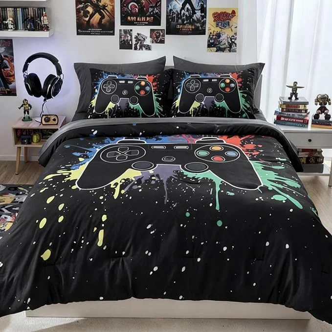 Minimalist Full Comforter Set for Boys Kids – 7 Pieces Black Gamer Full Size Bedding Sets for Kids Soft Cozy Bed in A Bag with Sheet Selected