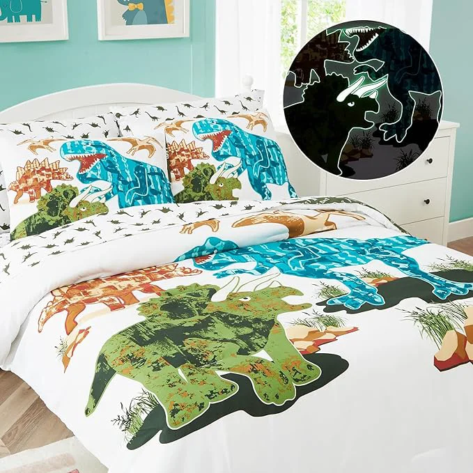 Unique Full Kids Comforter Set – 7 Pieces Full Bedding Sets for Boys Teen Glow in The Dark Dinosaurs Bed in A Bag with Sheets Prestigious