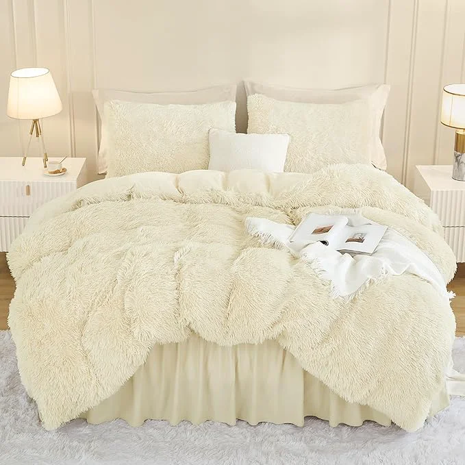 Genuine Andency Faux Fur Beige Comforter Set Queen Size 3 Pieces Fluffy Fuzzy Plush Bedding Comforter Set 1 Shaggy Velvet Comforter amp 2 Pillowcases Soft Puffy Comfy Down Comforter Bedding Set Functional