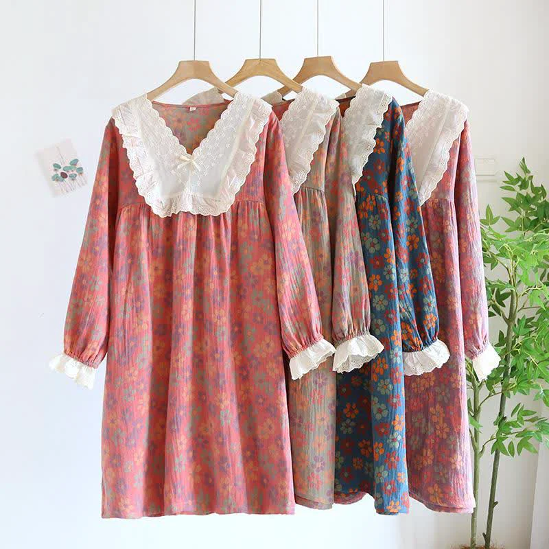 Original Ownkoti Floral Cotton Gauze Long Sleeve Nightgown Elegant