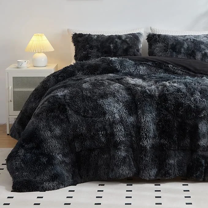 Natural Wajade Faux Fur Plush Tie Dye Black Comforter Set Fluffy Fuzzy Shaggy Bedding Set – 3PC Full Size Microfiber Soft Warm Quilt Set Efficient