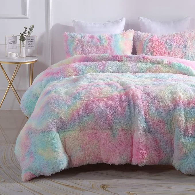 Advanced Wajade Faux Fur Plush Rainbow Comforter Set Fluffy Fuzzy Shaggy Bedding Set – 3PC Full Size Microfiber Soft Warm Quilt Set Premium