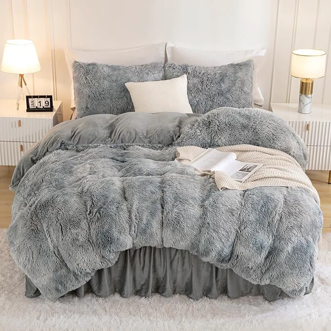 Optimized Andency Faux Fur Tie-Dyed Grey White Comforter for Queen Size Bed 3 Pieces Fluffy Fuzzy Plush Bedding Comforter Set 1 Shaggy Velvet Comforter amp 2 Pillowcases Soft Puffy Bedding Set Traditional