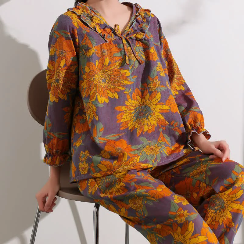 Breathable Ownkoti Chrysanthemum Jacquard Ruffled Cotton Loungewear Lightweight