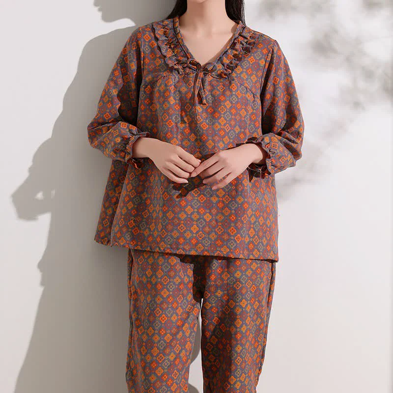 Specialty Ownkoti Geometric Jacquard Ruffled Cotton Loungewear Set Pure
