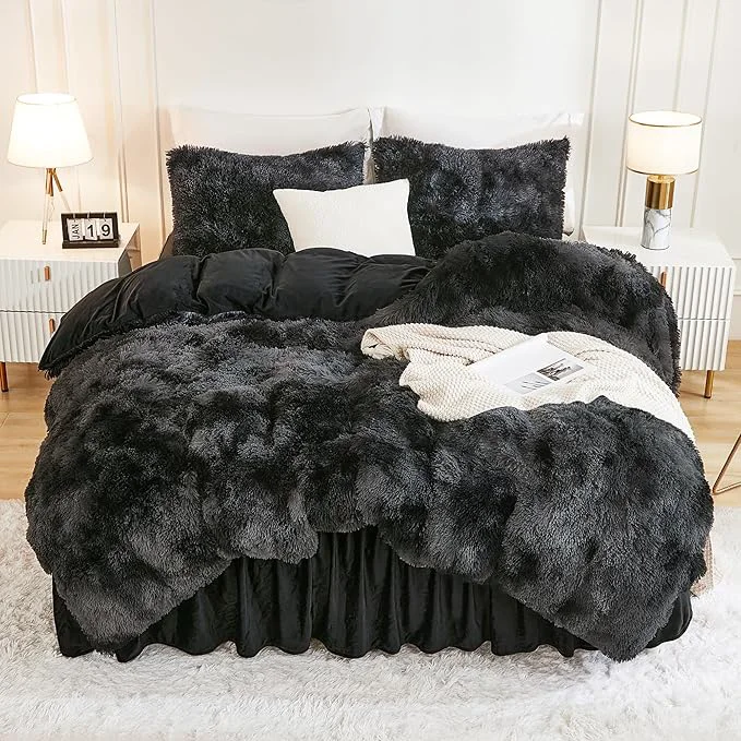 Genuine Andency Faux Fur Tie-Dyed Black Grey Comforter for Queen Size Bed 3 Pieces Fluffy Fuzzy Plush Bedding Set 1 Shaggy Velvet Comforter amp 2 Pillowcases Soft Puffy Down Bedding Set Easy-to-Use