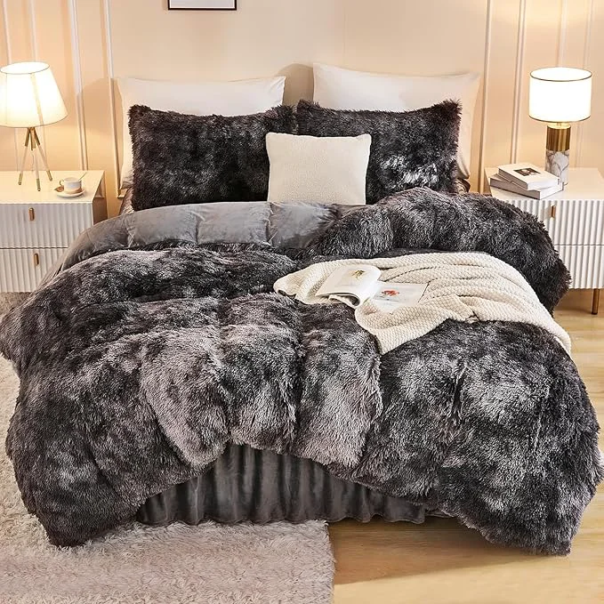 Original Design Andency Faux Fur Tie-Dyed Dark Grey Comforter for Queen Size Bed 3 Pieces Fluffy Fuzzy Plush Bedding Comforter Set 1 Shaggy Velvet Comforter amp 2 Pillowcases Contemporary